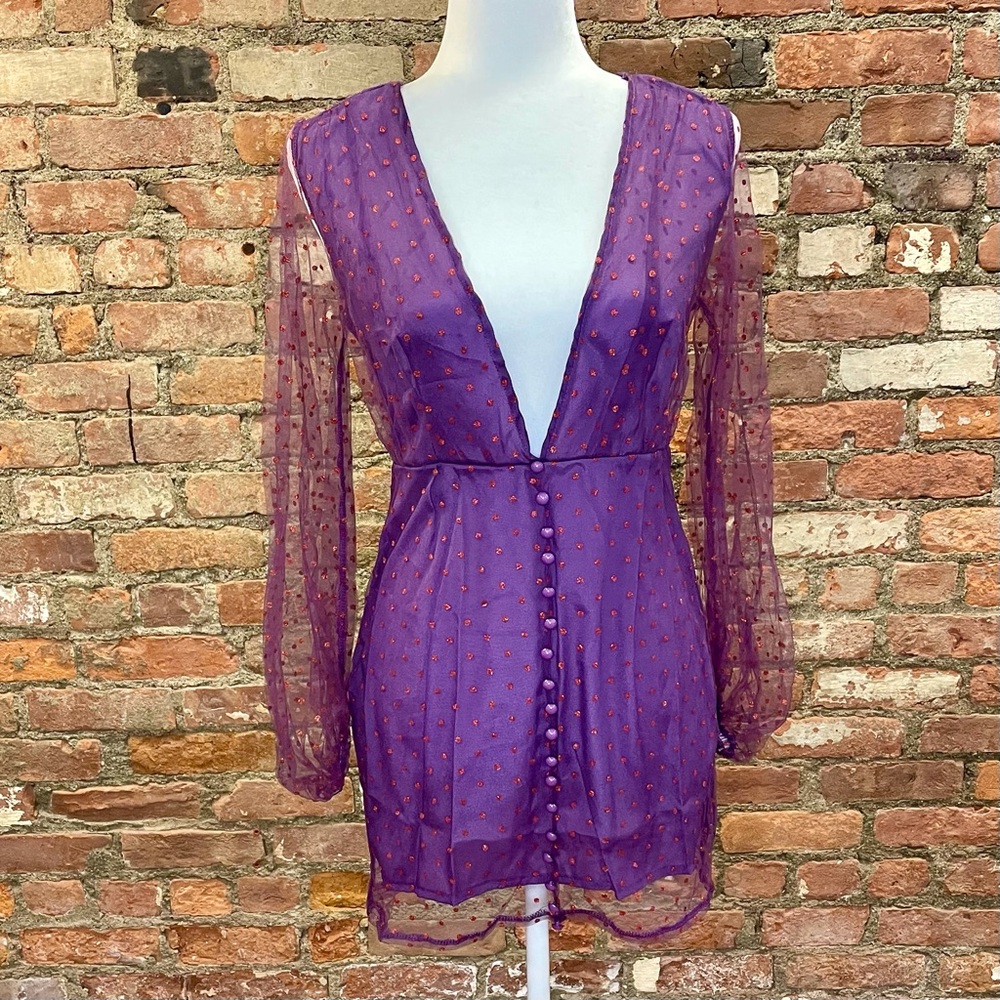 NEW Mini Purple and Red Dotted Dress with Sheer Sleeves and Purple Buttons Sz S
